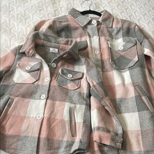 Plaid Button-Up Jacket Set in Pink and Gray